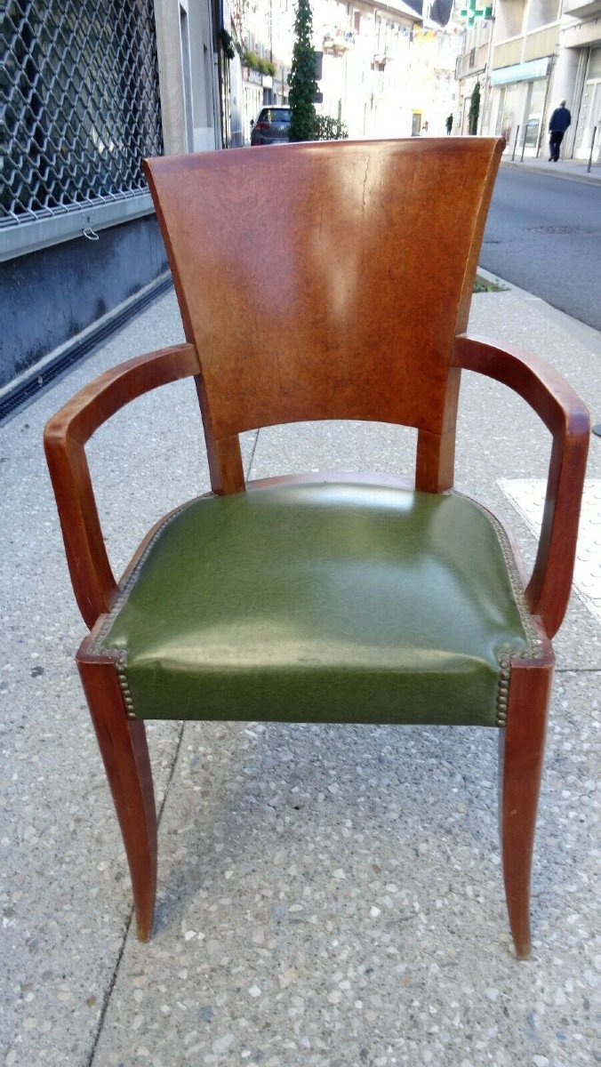 Suite Of 6 Armchairs Bridges Art Deco Period In Mahogany And Elm Burl Circa 1930-photo-4