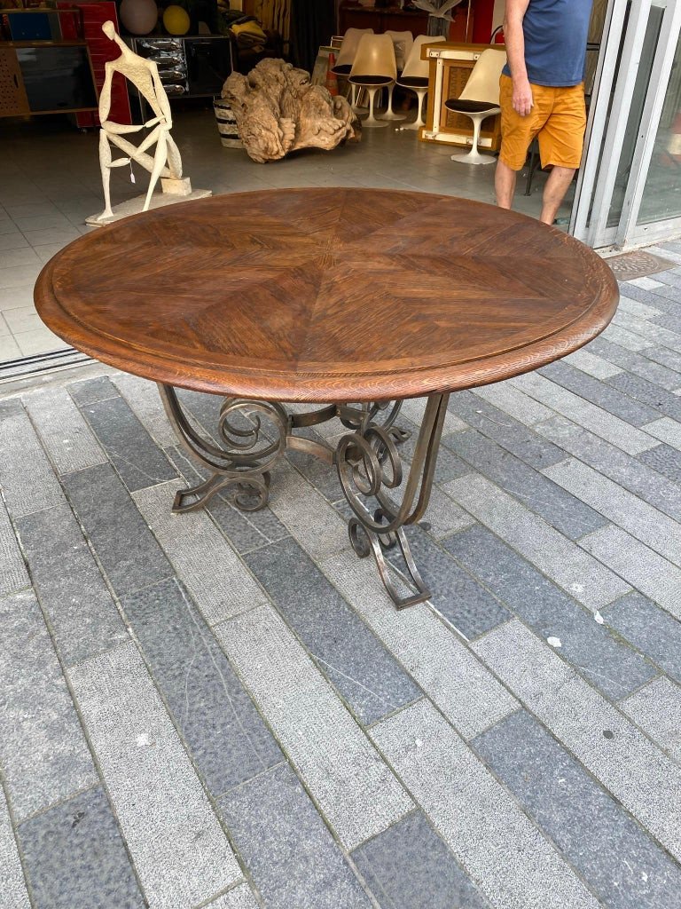 Jean-charles Moreux (1889-1956) Large Art Deco Pedestal Table In Wrought Iron And Oak Circa 1930-photo-2