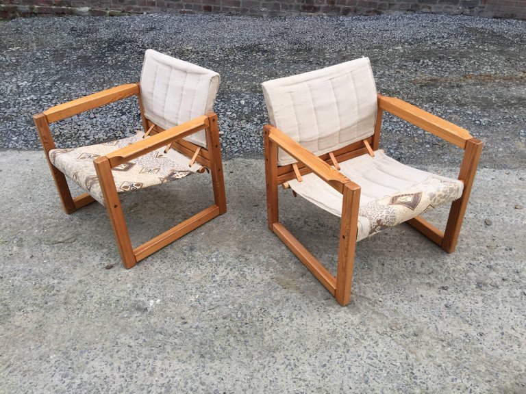  Fauteuils En Sapin, Toile Et Cuir Circa 1970