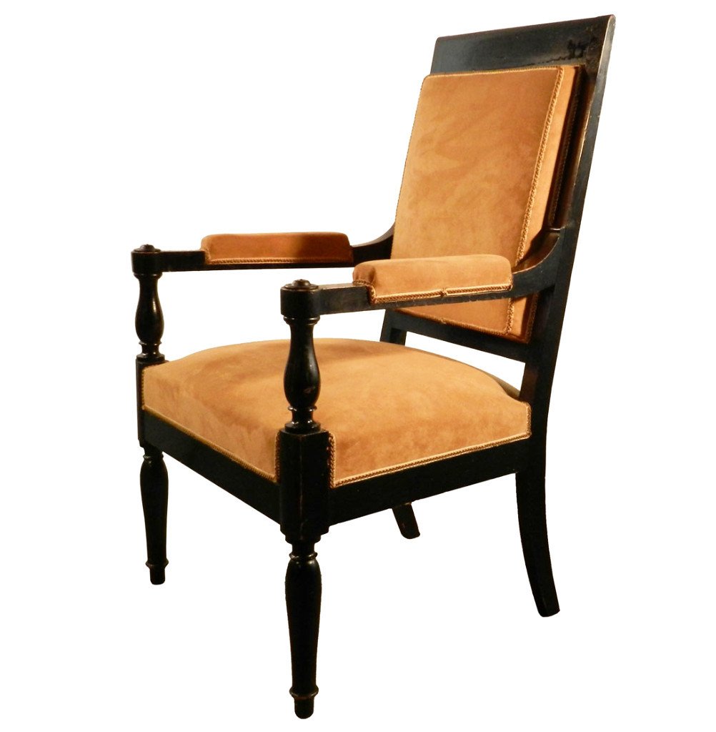 Suite Of 4 Elegant Neoclassical Armchairs 1940 In Lacquer And Alcantara Wood, Arbus Style-photo-4