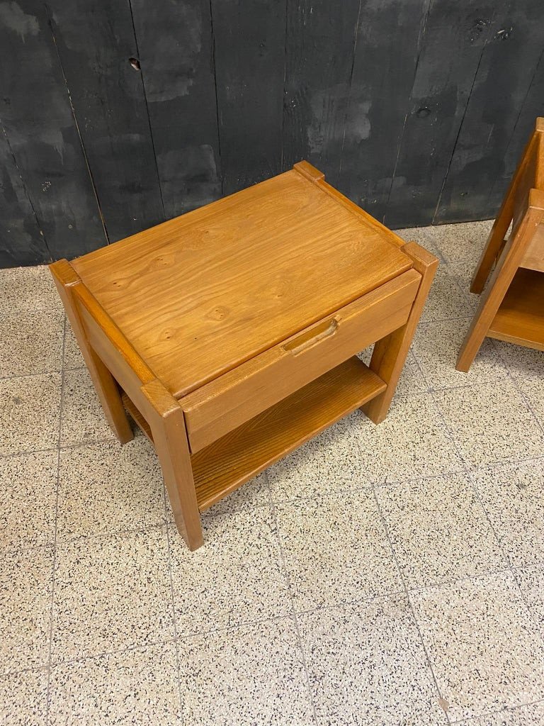 Maison Regain, Pair Of Elm Bedside Tables Circa 1960-photo-3