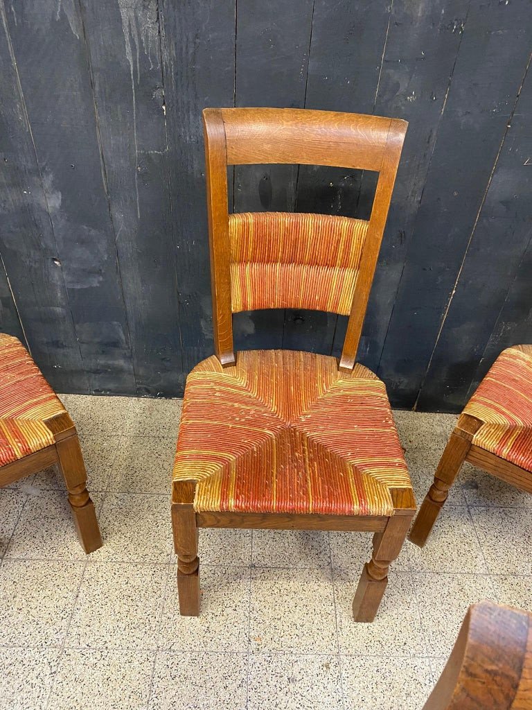 6 Neo Rustic Chairs With High Backrests, Oak And Multicolored Straw, Circa 1950-photo-4