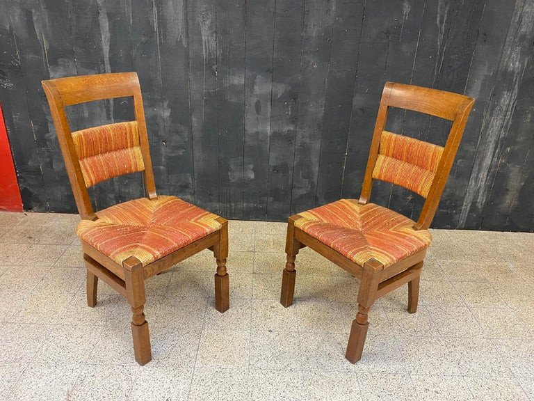 6 Neo Rustic Chairs With High Backrests, Oak And Multicolored Straw, Circa 1950-photo-5