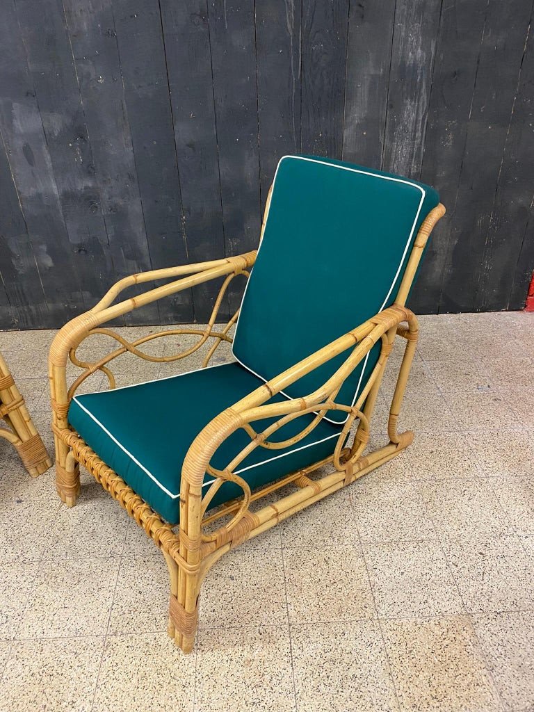 Pair Of Vintage Bamboo Armchairs Circa 1960/1970, Redone Cushions-photo-4