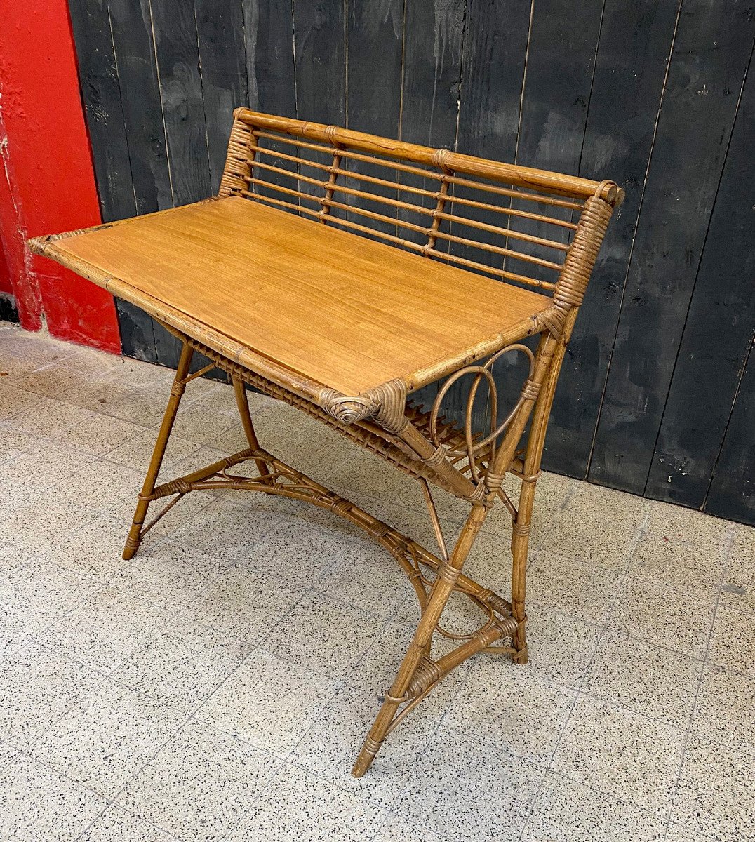 Petit Bureau, Ou Desserte En Bambou Dans Le Style De louis Sognot, Circa 1950/1960-photo-3