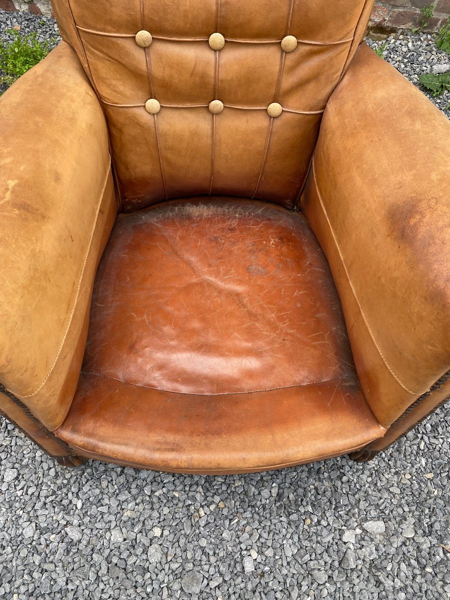 Art Deco Leather Club Armchair, Circa 1930/1950-photo-5