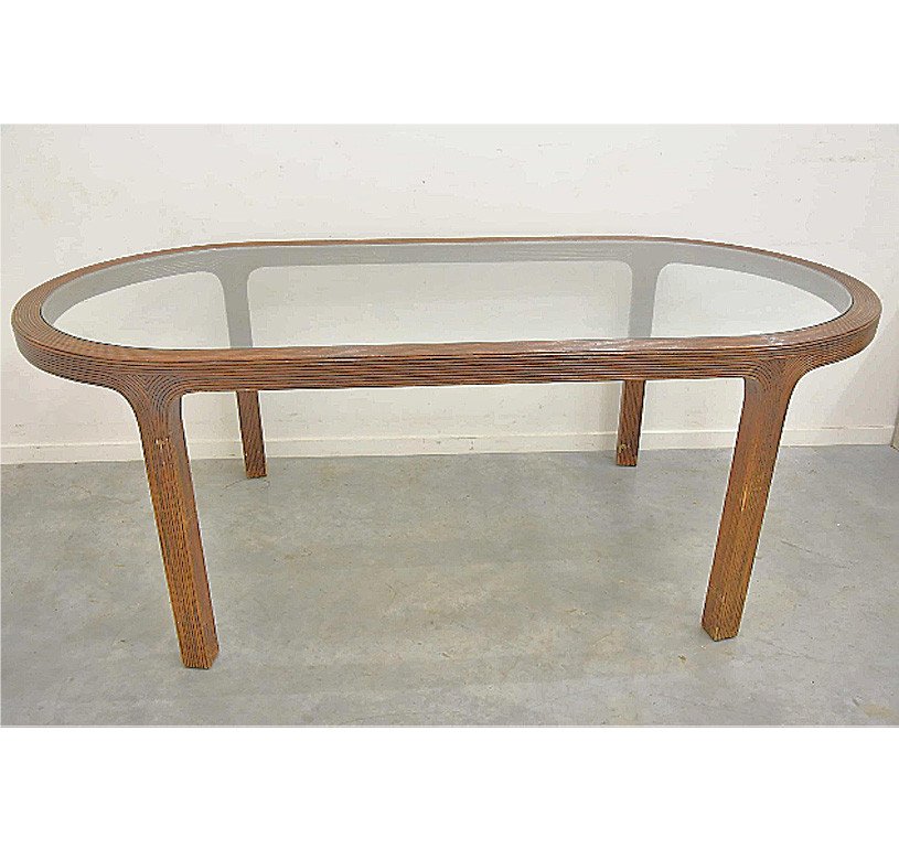 Large Rattan Dining Table, Glass Topcirca 1970/1980 (ht.76 X 210 X 100cm)