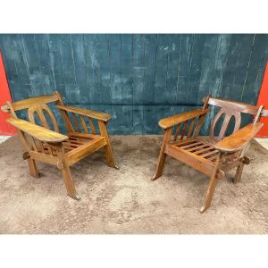 Pair Of Arts And Crafts Style Armchairs In Teak