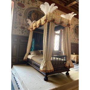 Louis XIII Style Four-poster Bed, 19th Century, Fully Restored