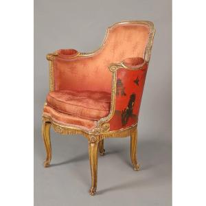 Original Louis XV Transition Style Armchair, Chinese Decor On Lacquered Wood Panel