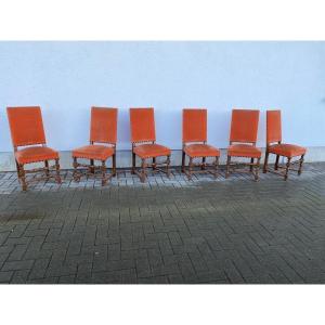 Series Of 6 Louis XIII Style Chairs In Oak And Velvet, Circa 1950