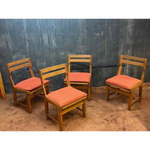 Guillerme Et Chambron, Suite Of 4 Oak Chairs, Edition Vos Maison Circa 1960