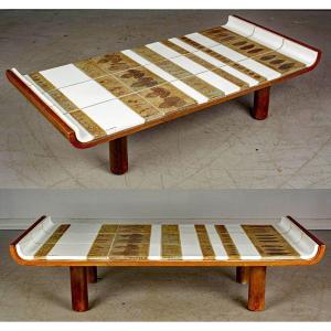 Roger Capron, Large Table S Esalon, Wood And Ceramic, Circa 1970, Signed