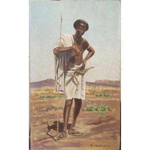  R. Coatmeur (20th Century) African Warrior Oil On Panel, Signed Lower Right