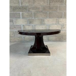 Circular Low Table In Varnished Wood Plinth Base Covered In Metal H. 51 Cm - D. 90 Cm
