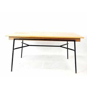 1950 Table With Tubular Structure In Lacquered Metal, Oak Top 