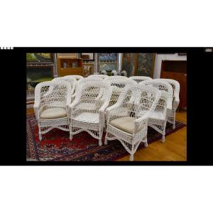 Rare Ensemble De 10 Fauteuils De Véranda En Rotin Laqué Blanc, Et Leurs Coussins Circa 1970