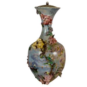 Grand Vase Monté En Lampe En Barbotine Polychrome Décorée à Froid Dit "impressionniste" Fin XIX