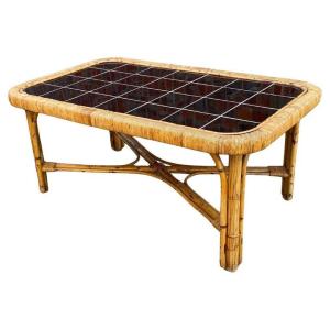 Grande Table De Salon En Rotin Et Carreaux Céramique Circa 1950/1960