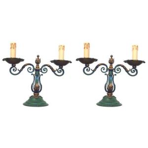 Art Deco Work Circa 1940 Pair Of Lacquered And Gilded Wrought Iron Lamps 