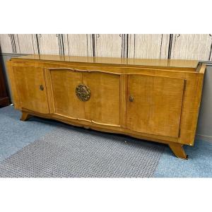 Jules Leleu, Art Deco Sideboard In Sycamore Veneer And Bronze, Signed 