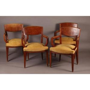 Eugène Printz, Set Of 4 Art Deco Bridges Armchairs In Cherrywood Circa 1940