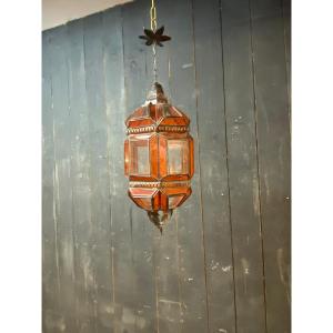 Oriental Lantern In Metal, Orange And White Glass Circa 1970/1980