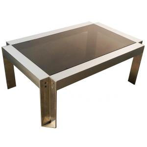 Georges Frydman, Brushed Steel Coffee Table, Smoked Glass Top, Circa 1970 