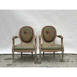 Pair Of Louis XVI Style Armchairs In Carved Wood With Rechampi Point Trim