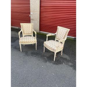 Pair Of Louis XVI Style Armchairs In Rechampi Carved Wood 