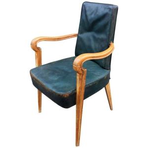 Maxime Old (dans Le Gout De ) Fauteuil Art Deco En Bois Clair Et Cuir Circa 1940/1950