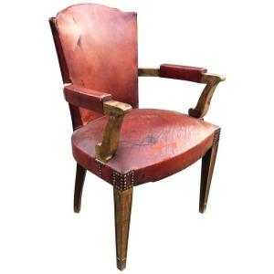 Fauteuil Art Deco En Acajou Et Cuir Attribué à Baptistin Spade Circa 1930