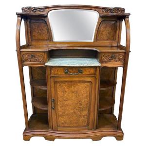 Gauthier-poinsignon & Cie, Art Nouveau Mahogany And Elm Burl Sideboard/serving Table Circa 1900