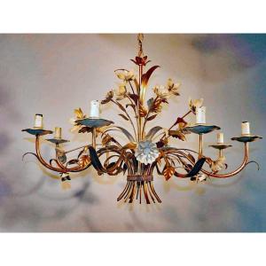 Large Chandelier In Gold Metal And White Lacquered Metal Circa 1950/1970