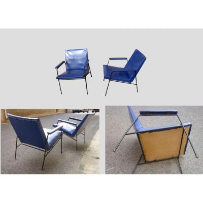 Armchairs Pair Of 1960 In A Metal Structure Lacquer Covered In Skai Blue Edition Steiner