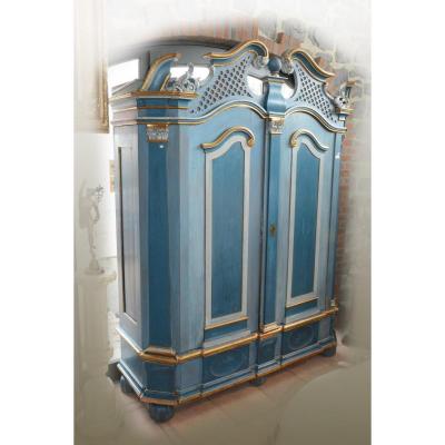 Cabinet Carved And Patinated Blue And Gold, Opening Two Doors, 18th German Work Or