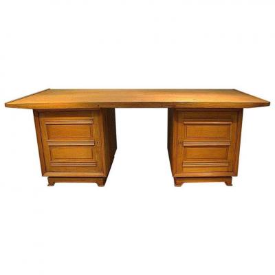 1940 French Work, Art-deco Desk In Oak And Oak Veneer