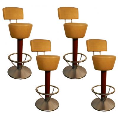Suite Of 4 High Bar Stools, Structure Aluminum And Chrome, Fut Wood Tint Around 1970