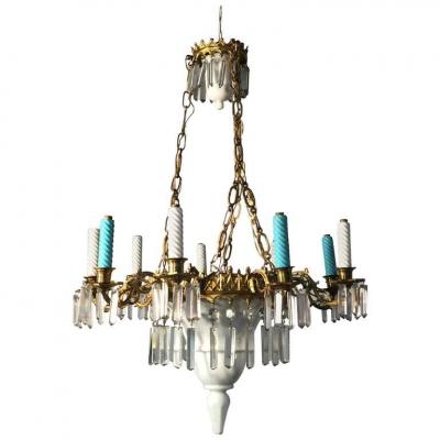 Chandelier 1900, Ceramic, Crystal And Brass