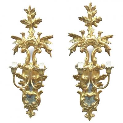 Paire De Grandes Appliques Baroques Style Italie XVIII , Bois Doré , Miroirs