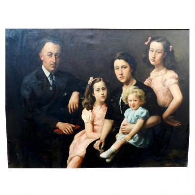 Jose Wolff, " Portrait De Famille" Grande Huile Sur Toile Dans Un Cadre Dore, Datee 1947