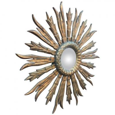 Ancien Miroir Sorciere En Bois Doré, Début XXeme