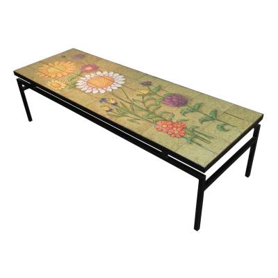 Very Large Living Room Table With Metallic Structure, Tiles Decor Flowers In Lava Enameled