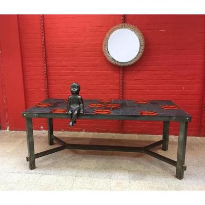 Large 1950 Table In The Taste Of Jacques Adnet, Metal, Slate And Ceramic, Circa 1950