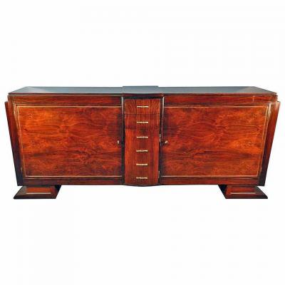 French Work 1930, Art-deco Sideboard In Rosewood And Brass Veneer, Restored