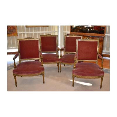 Suite Of 4 Armchairs, Partially Golden, Louis XVI Style, Napoleon III Period