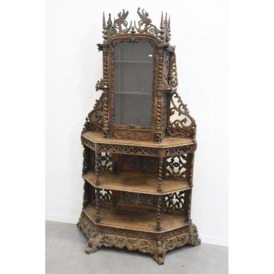19th Carved Oak Showcase With Characters Decor