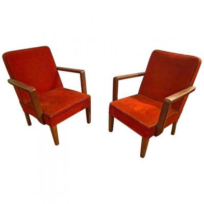 Paire De Fauteuils Art Deco En Chêne Et Velours Circa 1940