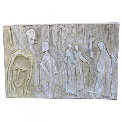 Roger Desserprit (1923-1985) Characters, Bas-relief In Cement, Signed, Dated 64