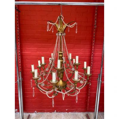Large Chandelier In Wood And Golden Metal, Pampilles, Neo Classic Style, Circa 1950